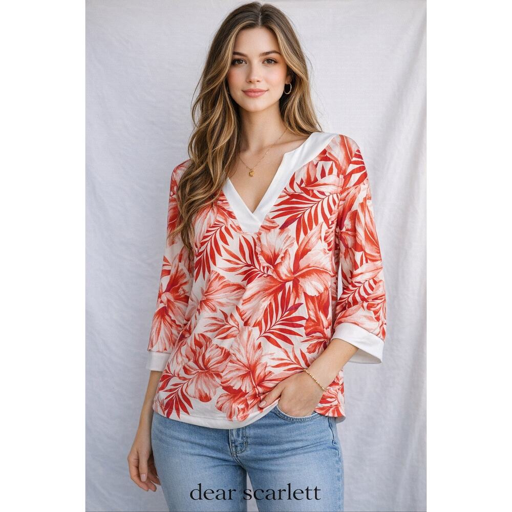 1085 NWT SZ S Anne Klein White/Orange Multi Split-Neck 3/4-Sleeve Tunic Bright
